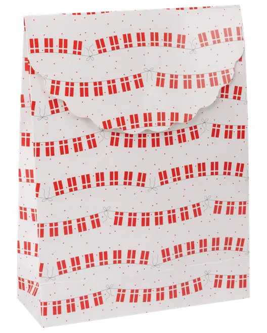 Gavepose med hvid baggrund, dekoreret med røde gaveillustrationer og stiplede linjer som guirlander. Bølget klaplukning. Festlig og velegnet til gavegivning.