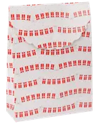 Gavepose med hvid baggrund, dekoreret med røde gaveillustrationer og stiplede linjer som guirlander. Bølget klaplukning. Festlig og velegnet til gavegivning.