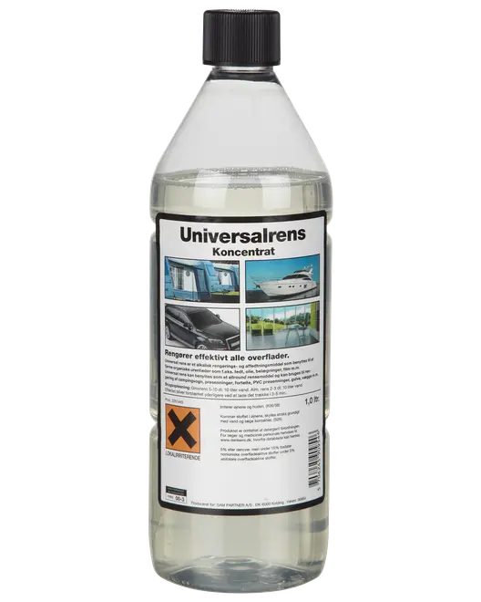 1-liters flaske med universalt rengøringskoncentrat, sort skruelåg, klar væske og etiket med billeder af bil, båd og overflader. Effektiv til mange rengøringsopgaver.