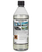 1-liters flaske med universalt rengøringskoncentrat, sort skruelåg, klar væske og etiket med billeder af bil, båd og overflader. Effektiv til mange rengøringsopgaver.