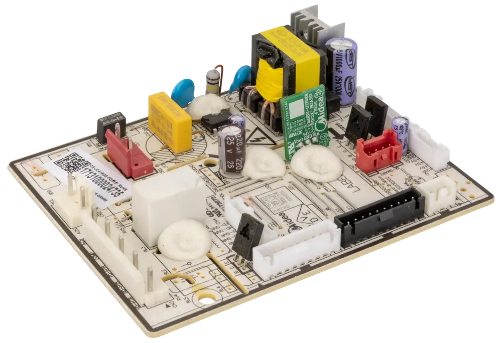 Elektroniskt styrkort med olika kondensatorer, kontakter och reläer på kretskort, används för styrning och strömhantering av apparater eller HVAC-system.