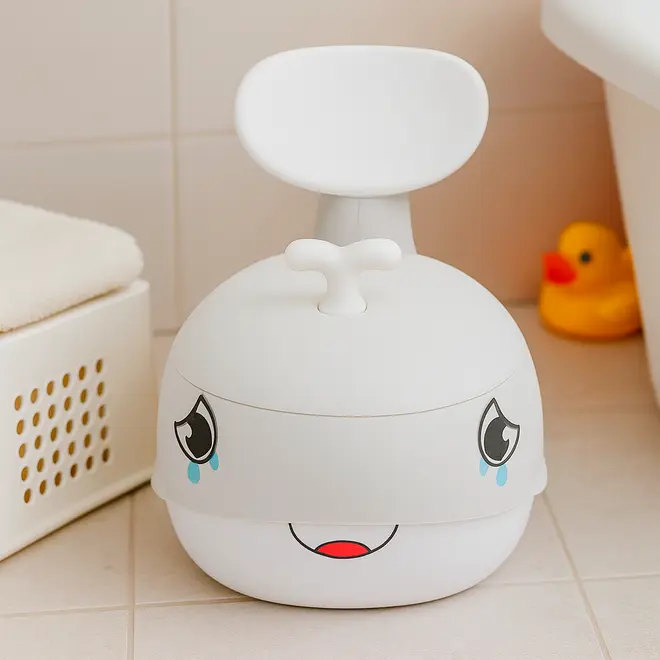 Barnpotta formad som en vit val med leende ansikte, vattenstrålehandtag och ryggstöd. Tillverkad i plast, designad för komfort och rolig potträning.