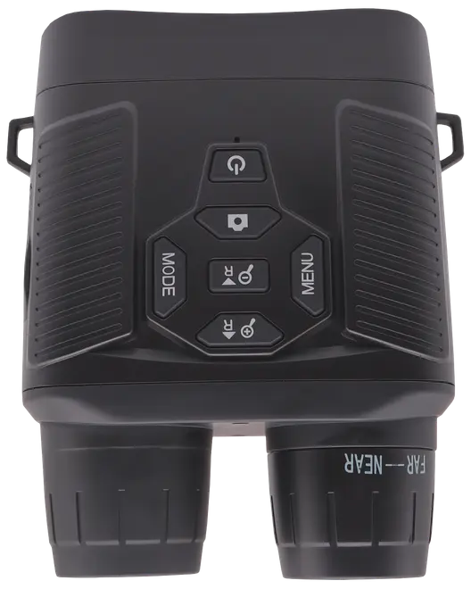 Sorte digitale kikkerter med teksturerede greb, fem kontrolknapper øverst mærket mode, menu og tænd/sluk, samt justerbare okularer markeret 'FAR' og 'NEAR' til fokusering.