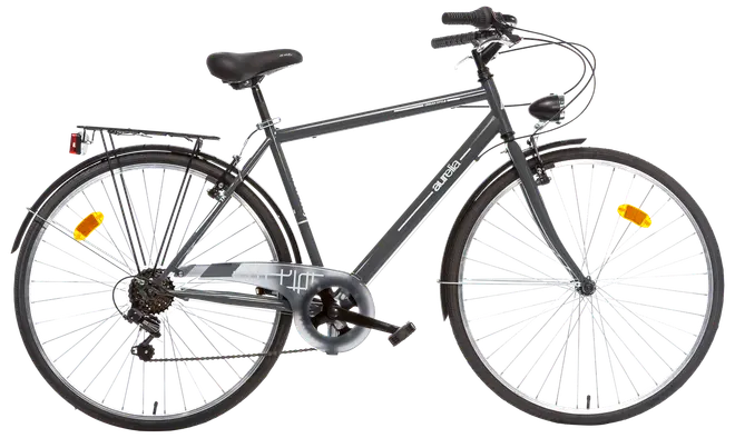 Herrcykel för stadsmiljö med mörkgrå ram, upprätt styre, stänkskärmar fram och bak, pakethållare, kedjeskydd och reflexer på båda hjulen för säkerhet.