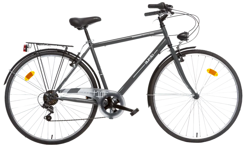 Herrcykel för stadsmiljö med mörkgrå ram, upprätt styre, stänkskärmar fram och bak, pakethållare, kedjeskydd och reflexer på båda hjulen för säkerhet.