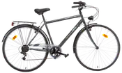 Herrebycykel med mørkegråt stel, opretstående styr, skærme for og bag, bagagebærer, kædeskærm og reflekser på begge hjul for synlighed og sikkerhed.