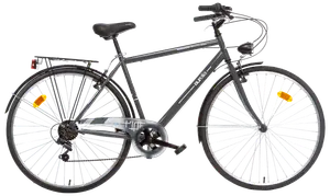 Herrcykel för stadsmiljö med mörkgrå ram, upprätt styre, stänkskärmar fram och bak, pakethållare, kedjeskydd och reflexer på båda hjulen för säkerhet.