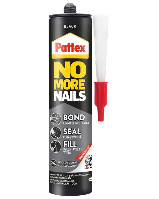 Pattex No More Nails sort lim- og tætningsmasse, 440g tube med dyse. Til limning, tætning og udfyldning. Skimmelresistent, til indendørs og udendørs brug.