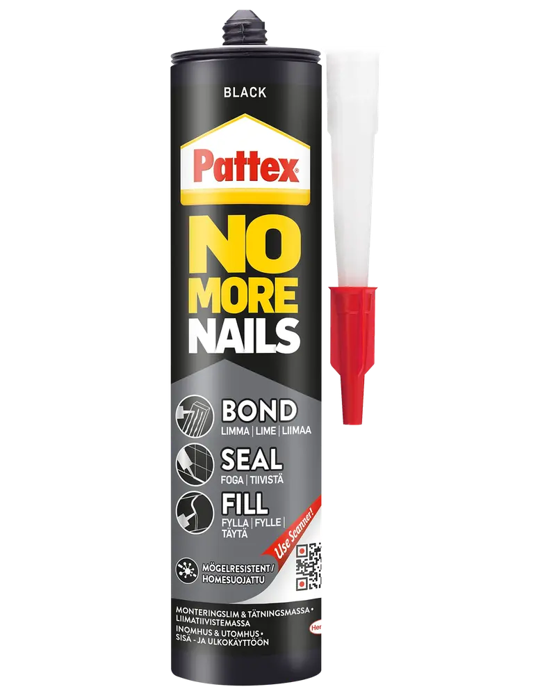 Pattex No More Nails sort lim- og tætningsmasse, 440g tube med dyse. Til limning, tætning og udfyldning. Skimmelresistent, til indendørs og udendørs brug.