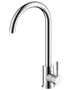 Moderne køkkenarmatur i krom med højt buet tud og enkelt sidehåndtag til varmt og koldt vand. Elegant, cylindrisk design til moderne køkkener.