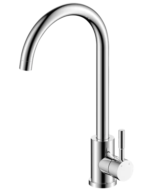 Moderne køkkenarmatur i krom med højt buet tud og enkelt sidehåndtag til varmt og koldt vand. Elegant, cylindrisk design til moderne køkkener.