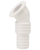 Vit plastslangkoppling med räfflade, taggiga ändar för säker fastsättning. Används för att ansluta flexibla slangar i vinkel, lämplig för VVS eller vätsketransport.