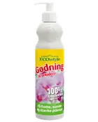 Vit pumpflaska med Ecostyle gödning för orkidéer, 100 % ekologisk, med gul och grön etikett samt rosa orkidéblommor.