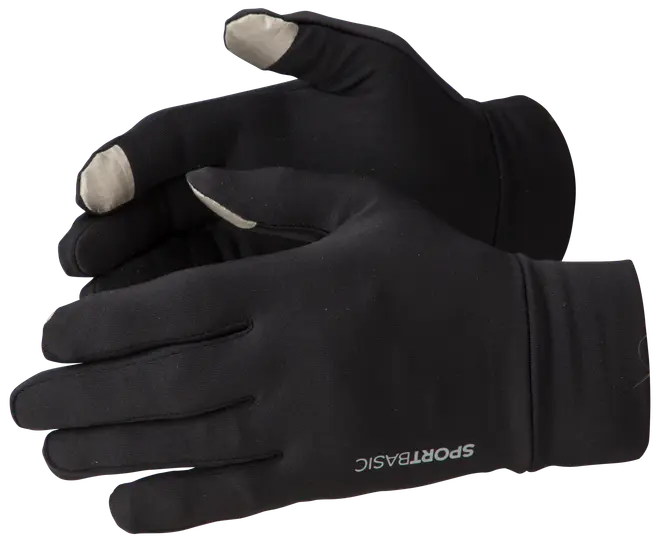 Svarta SPORTBASIC-handskar med ljusgrå touchscreen-fingertoppar. Smal passform, lätt material, passar sport eller vardag. Logotyp tryckt vid handleden.