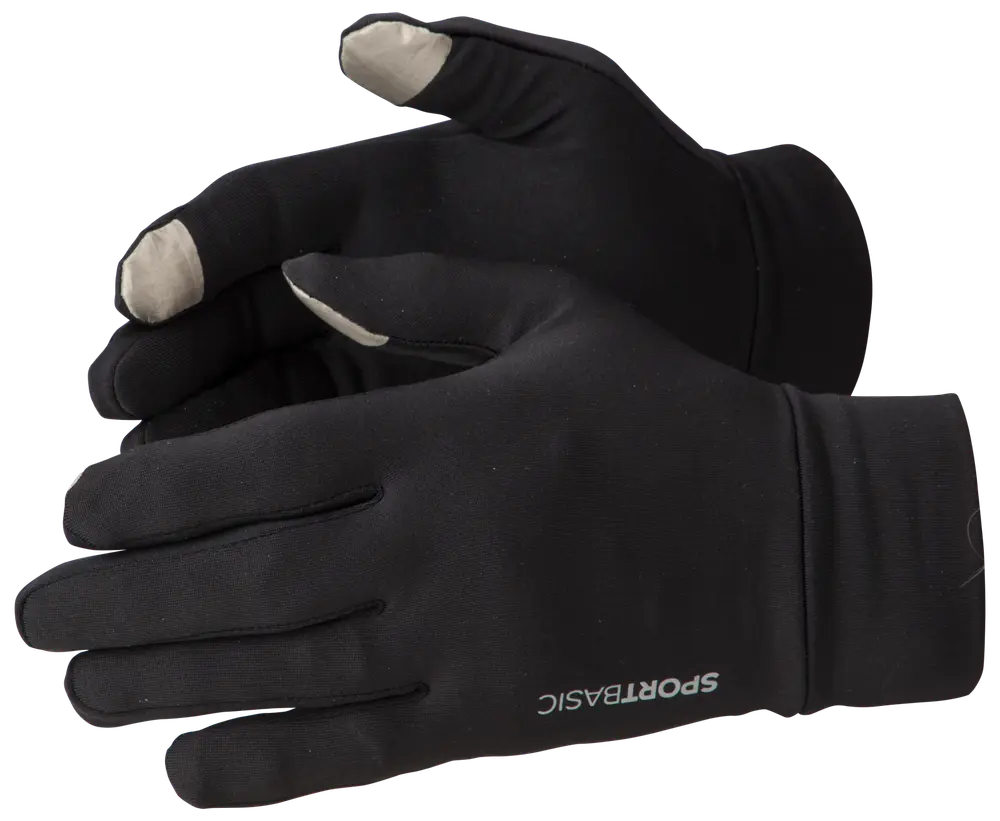 Sort SPORTBASIC handsker med lysegrå touchscreen-fingre. Slankt design, let materiale, egnet til sport eller daglig brug. Logo trykt ved håndleddet.