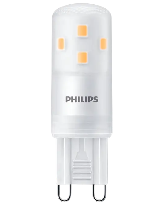 Philips LED-pære med G9-fatning, cylindrisk form, mat hvid overflade, synlige gule LED-chips, kompakt størrelse, velegnet til små armaturer, energieffektiv og langtidsholdbar.