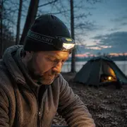 Sort LED-pandelampe med justerbar rem, båret over en strikhue, der giver kraftigt håndfrit lys til camping og friluftsliv. - Billedet er skabt med AI