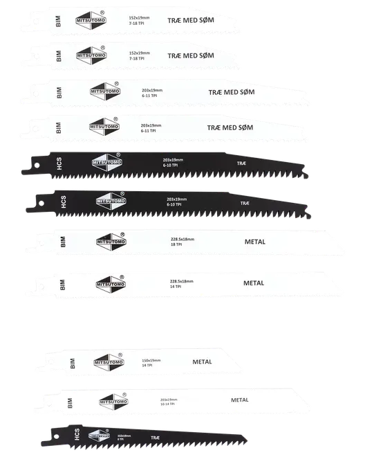 Set med olika tigersågblad för trä och metall, olika längder och tandmönster, märkta för materialtyp. Innehåller både BIM- och HCS-blad för olika ändamål.