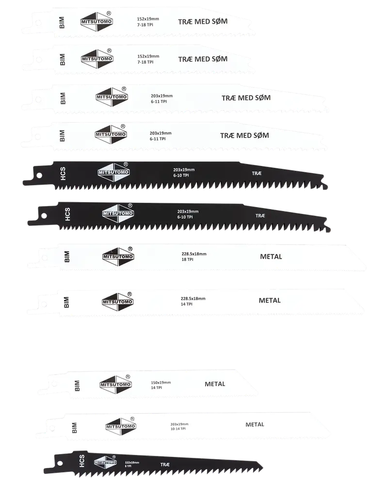 Sæt med forskellige bajonetsavklinger til træ og metal, forskellige længder og tandmønstre, mærket til materialetype. Indeholder både BIM- og HCS-klinger til forskellige opgaver.