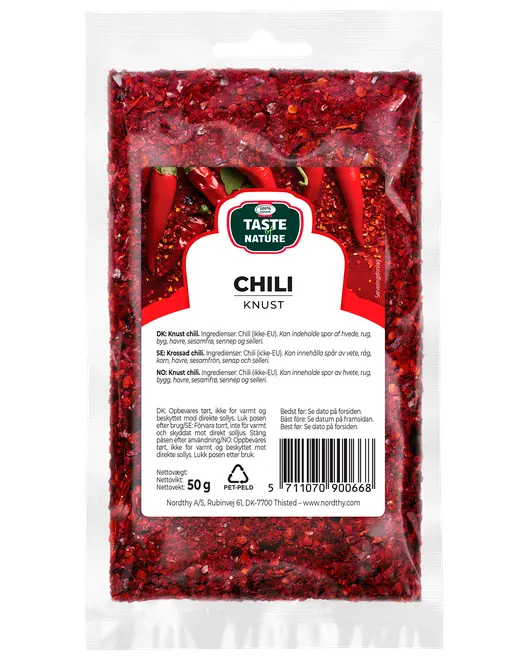 50g återförslutningsbar plastpåse med krossad chili från Taste Nature. Förpackningen är genomskinlig och visar röda chiliflakes samt produktinformation på etiketten.