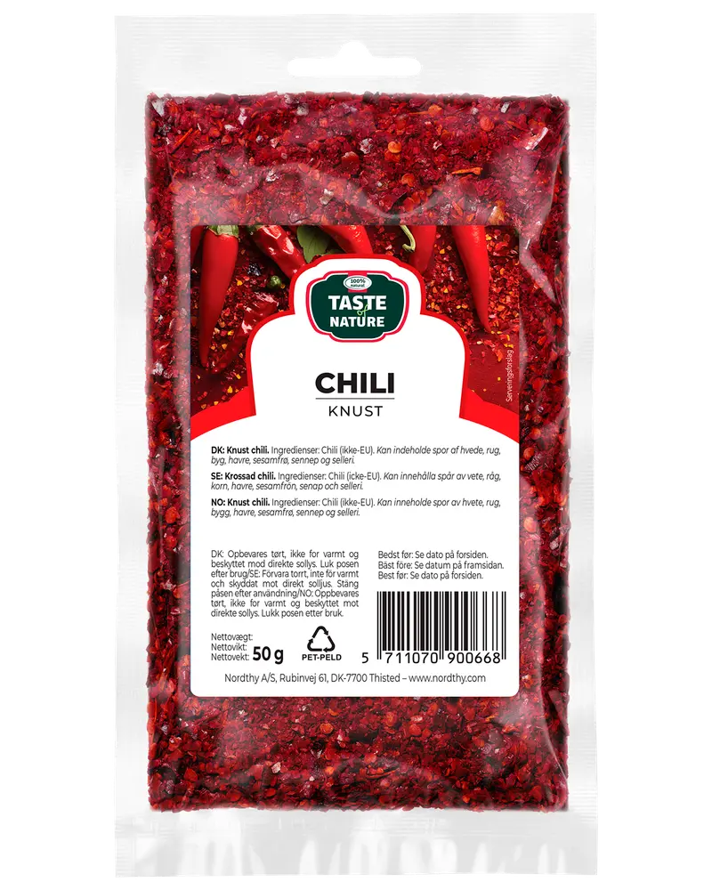 50g återförslutningsbar plastpåse med krossad chili från Taste Nature. Förpackningen är genomskinlig och visar röda chiliflakes samt produktinformation på etiketten.