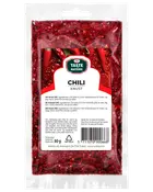 50g återförslutningsbar plastpåse med krossad chili från Taste Nature. Förpackningen är genomskinlig och visar röda chiliflakes samt produktinformation på etiketten.