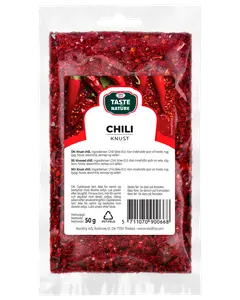 50g återförslutningsbar plastpåse med krossad chili från Taste Nature. Förpackningen är genomskinlig och visar röda chiliflakes samt produktinformation på etiketten.