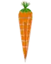 Morotsformad plastpåse med orange kropp och grön topp, knuten upptill. Perfekt för godis eller små presenter, särskilt till påsk eller temafester.