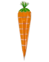 Gulerodsformet plastikpose med orange krop og grøn top, bundet øverst. Perfekt til slik eller små gaver, især til påske eller temafester.