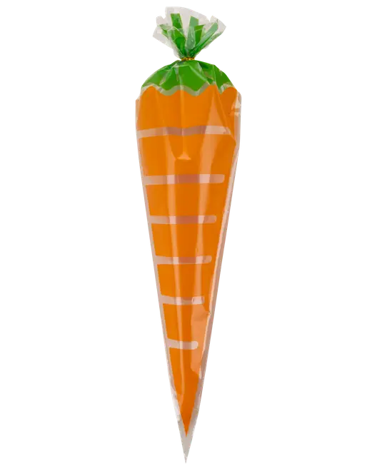Morotsformad plastpåse med orange kropp och grön topp, knuten upptill. Perfekt för godis eller små presenter, särskilt till påsk eller temafester.