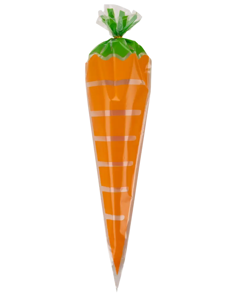 Gulerodsformet plastikpose med orange krop og grøn top, bundet øverst. Perfekt til slik eller små gaver, især til påske eller temafester.