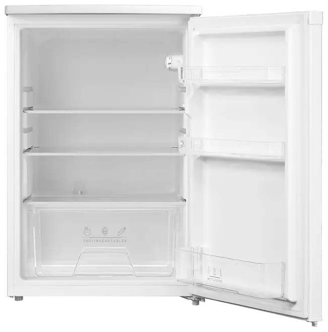 Kompakt vit kyl med två glashyllor, transparent låda för frukt och grönsaker samt tre dörrfack för flaskor och småsaker. Rymlig och lätt att organisera.