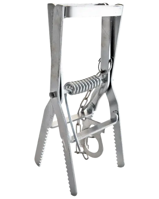 Metallisk mullvadsfälla med fjädermekanism, tandade käftar och robust ram. Effektiv för bekämpning av mullvad i trädgårdar. Hållbar och rostfri för utomhusbruk.