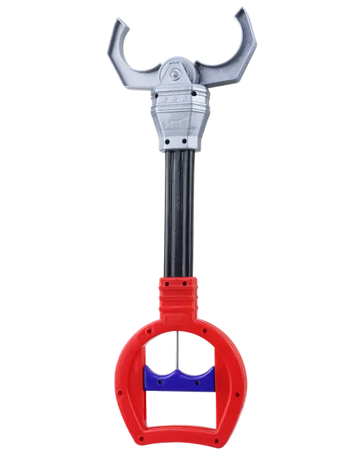 Plastik legetøjsklo med rødt håndtag, sort skaft og sølvfarvet klo. Klem håndtaget for at åbne og lukke kloen. Velegnet til børns leg.