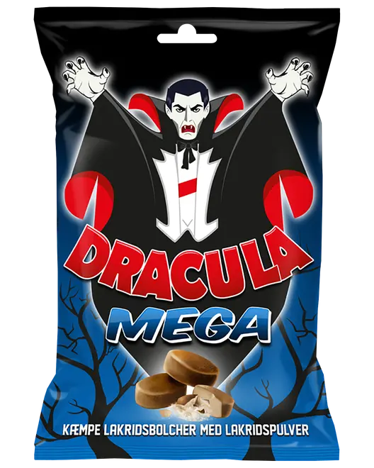 Pose med Dracula Mega slik, store runde lakridsbolcher med lakridspulverfyld, illustreret med en tegneserie-vampyr og i rød og blå emballage.