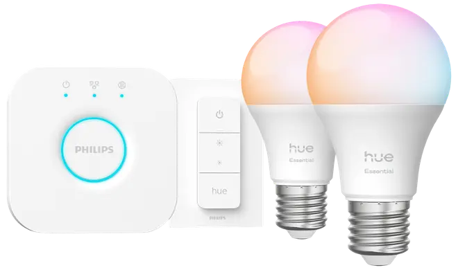 Philips Hue smart belysningssæt med to flerfarvede LED-pærer, trådløs dæmperkontakt og bridge-hub til app- og stemmestyring. E27 fatning, til hjemmeautomatisering.
