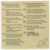 Instruktionsetiket til lapningssæt med trin-for-trin vejledning på flere sprog om rengøring, påføring af lap og ventetid på 30 minutter før oppumpning.