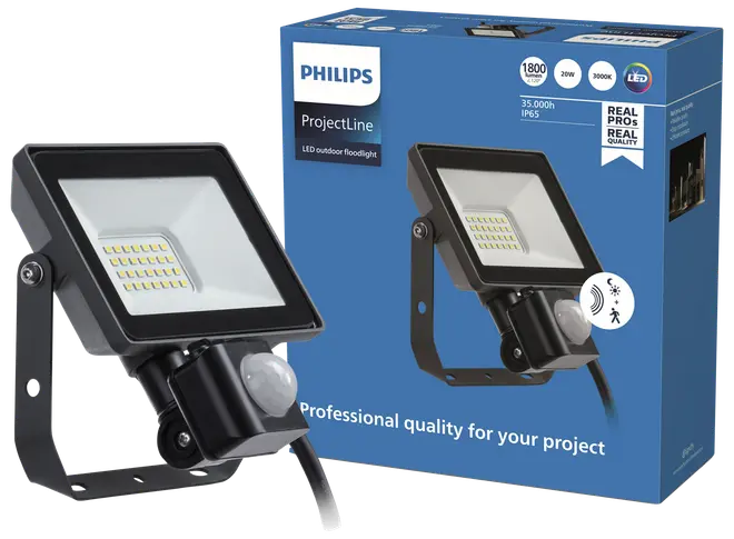 Philips ProjectLine LED udendørs projektør med bevægelsessensor, sort metalhus, justerbart beslag, 20W, 1800 lumen, 3000K varm hvid, IP65 vandtæt, leveres i detailæske.