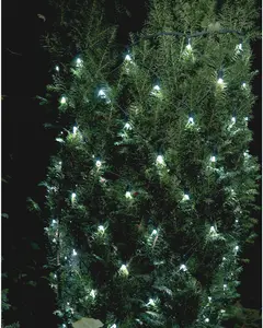 Vitt LED-ljusslinga för utomhusbruk, jämnt fördelad över en grön buske, väderbeständig och energisnål, perfekt för jul- eller festdekoration utomhus.
