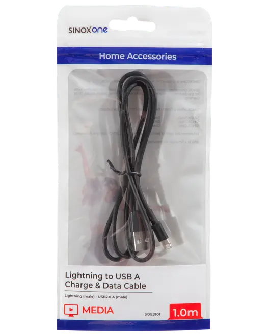 Svart Lightning till USB-A laddnings- och datakabel, 1,0 meter lång, för synkronisering och laddning. Förpackad i en genomskinlig plastpåse med produktinformation på etiketten.