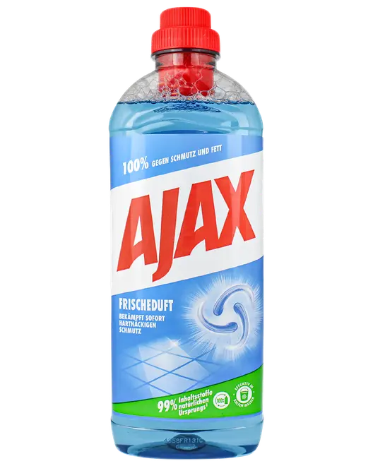 Ajax universalrengøringsmiddel med frisk duft, 1 liter flaske, blå væske, rød hætte, fjerner snavs og fedt, 99% naturlige ingredienser, tysk etiket.
