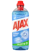 Ajax universalrengøringsmiddel med frisk duft, 1 liter flaske, blå væske, rød hætte, fjerner snavs og fedt, 99% naturlige ingredienser, tysk etiket.