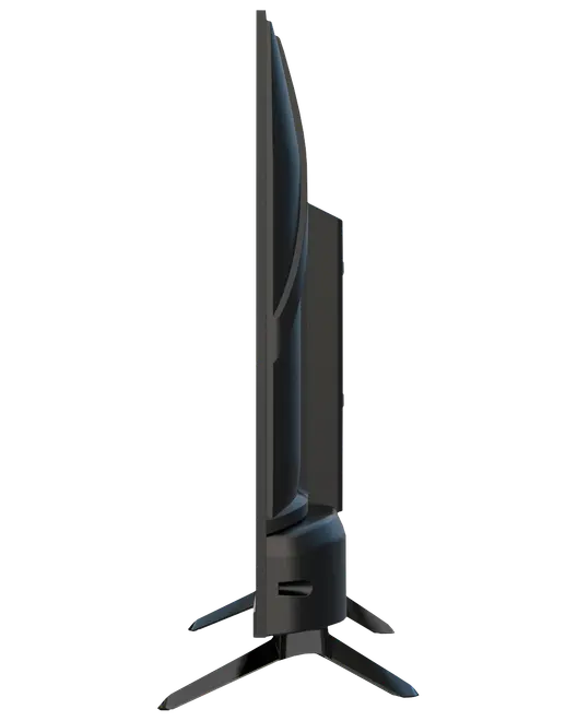 Sidevisning af fladskærms-tv med slankt design, sort ramme og robuste V-formede ben. Moderne udseende, ideel til minimalistiske opsætninger og pladsbesparende placering.
