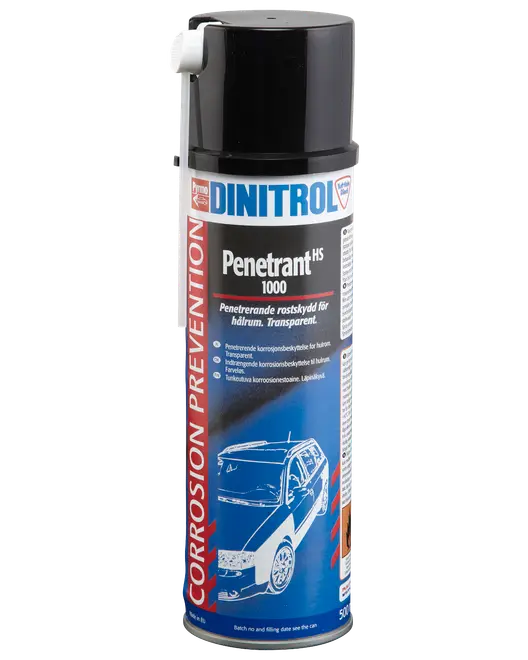 Dinitrol Penetrant HS 1000 sprayburk, 500 ml, för korrosionsskydd av hålrum i fordon. Transparent, penetrerande rostskydd. Svart lock med spraymunstycke.