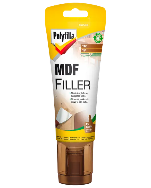 Polyfilla MDF Filler i 330g tube, til udfyldning af små huller, samlinger og revner i MDF-plader. Praktisk applikator for præcis påføring. Velegnet til træoverflader.