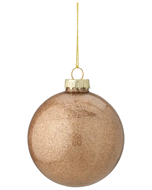 Rund julgranskula med glittrig guldfinish, guldfärgad topp och upphängningssnöre. Slät, lätt och perfekt för julgransdekoration eller festliga arrangemang.