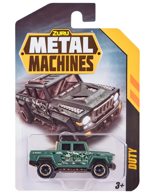 Grön leksakslastbil i metall med kamouflagedesign och texten 'Metal Force'. Levereras i blisterförpackning. För barn från 3 år. Från Zuru Metal Machines Duty-serien.