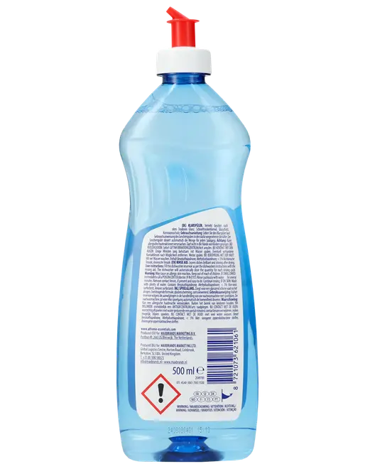 Gennemsigtig blå opvaskemiddelflaske med rød pumpe, hvid hætte, 500 ml etiket og faresymbol.