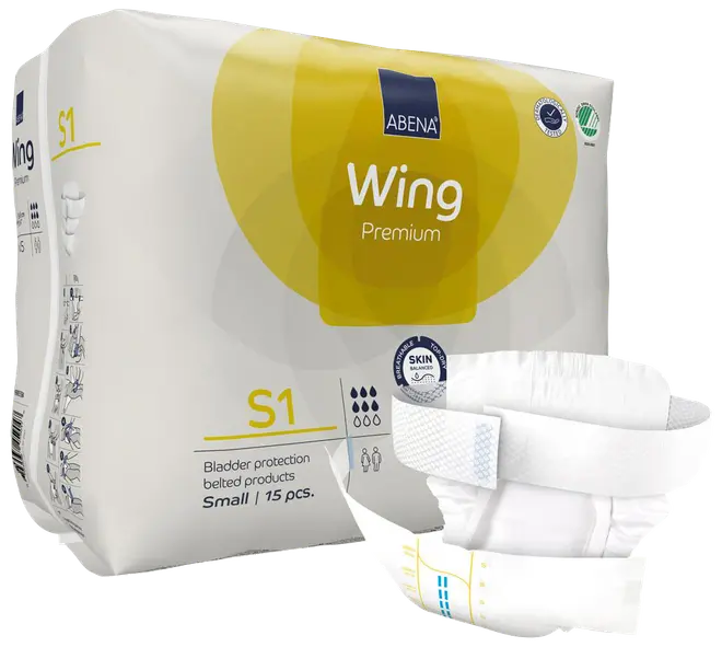Abena Wing Premium S1 blebeskyttelse med bælte, størrelse small, 15 stk. pr. pakke. Justerbart bælte, blødt materiale og høj sugeevne for komfort og lækagebeskyttelse.