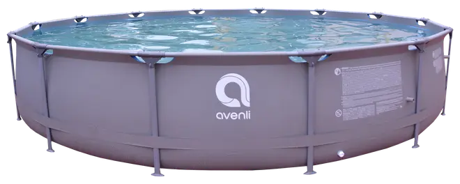 Rund ovanmarkspool med robust metallram, grå utsida och Avenli-logga. Fylld med vatten, enkel montering, perfekt för familjebad och sommaraktiviteter utomhus.